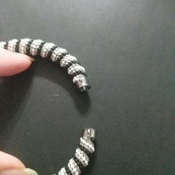 Silver Tone Black and White Hinged Cuff Statement Bracelet - Picture 2 of 3
